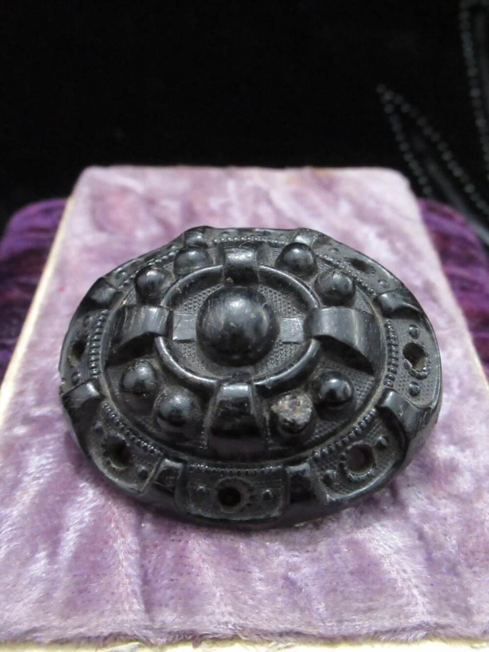 Antique Victorian Mourning Brooch Pressed Horn Jet Black Pin Memento Mori Gothic